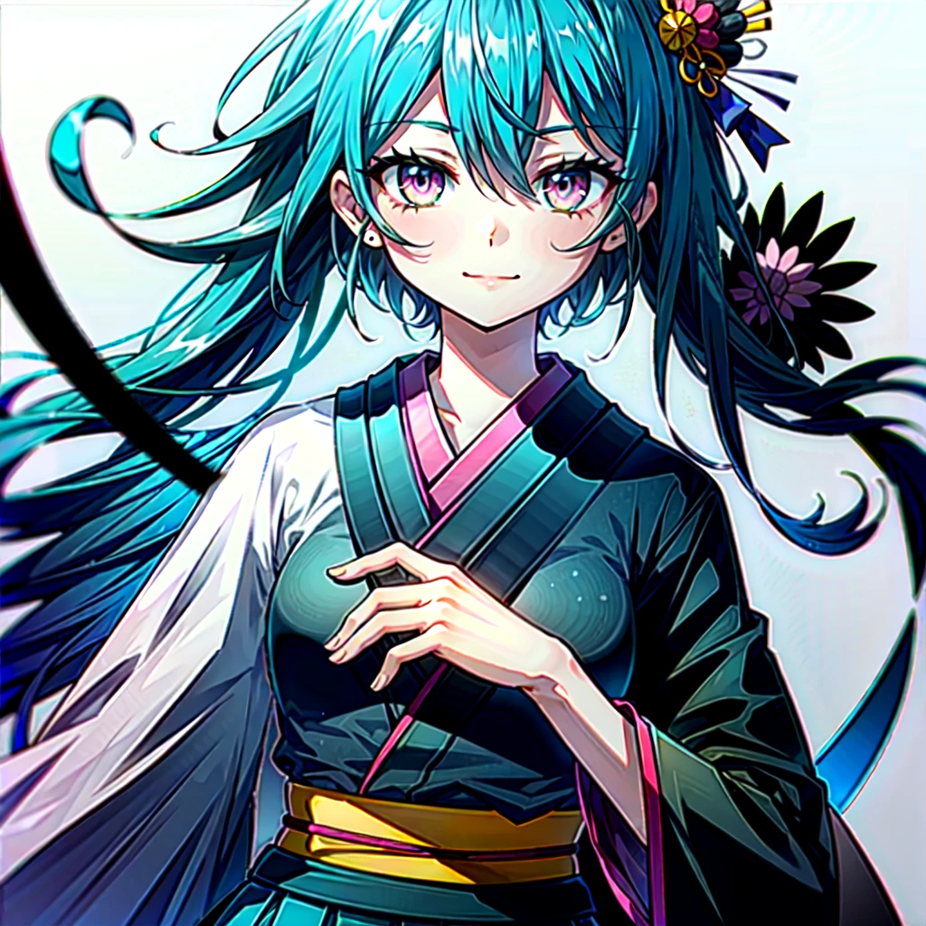 1girl, solo, female focus, female, girl, masterpiece, best quality, high quality, (blue hair color:1.3), long hair, wavy hair, hair between the eyes, (pink eye color:1.3), looking at viewer, flatchested, shut up, (closed mouth:1.24), light smile, smile, smiling, (black japanese clothes:1.35), black flower ornament, dark skirt, detailed clothes, thin body, fair skin, (white background:1.65), upperbody, half-body adaptable, upper-body, head, chest, character in frame, (close-up:1.6), perfect hands, ((middle-centered)), dynamic poses, (perfect proportions:1.5