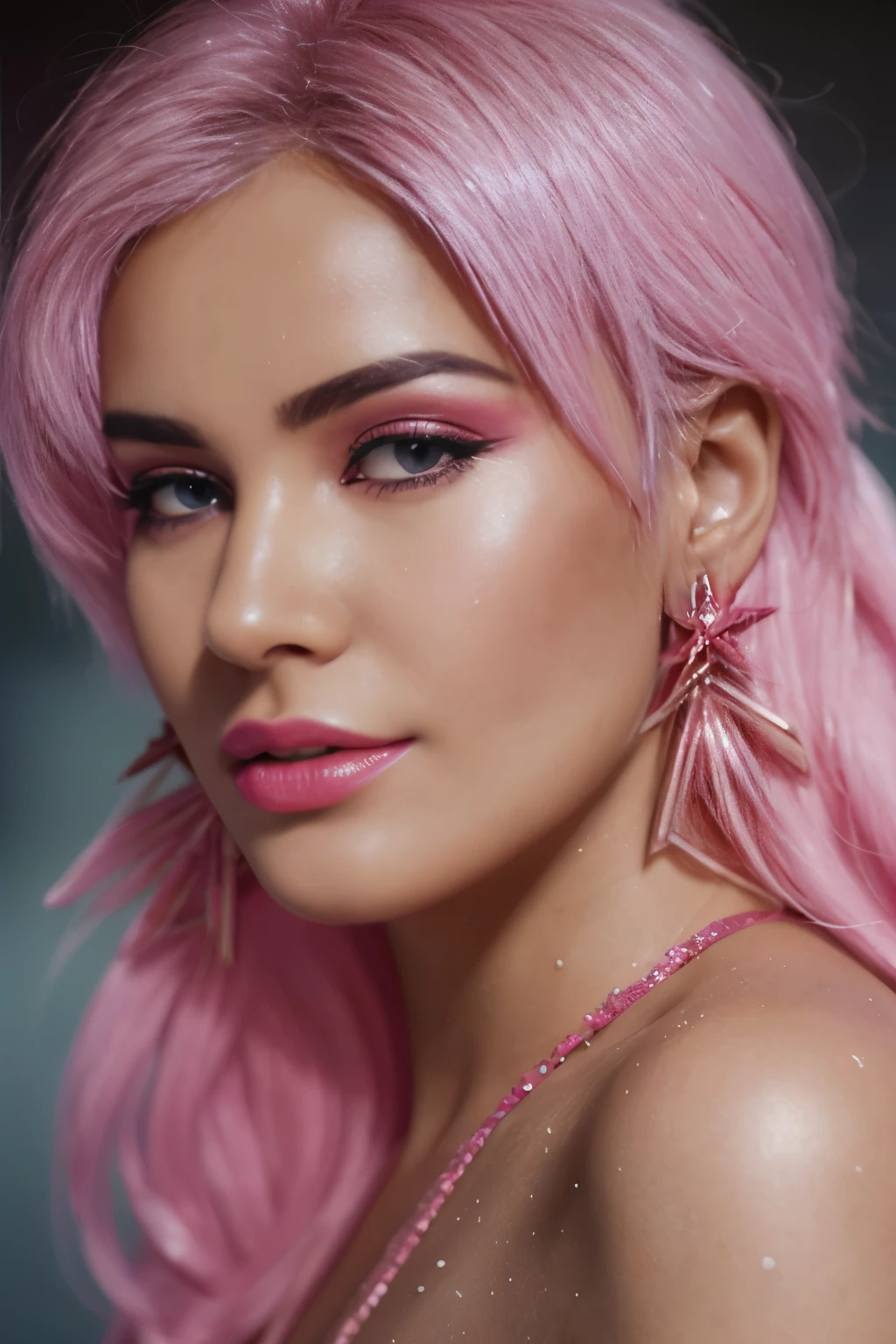 (highly detailed photo composition), (raw photo:1.3), Studio photography, jem, ( teen wearing a small pink glittery bikini), pink hair, long hair, makeup, lipstick, pink high heels, glittery pink tight dress, (beautiful, stunning, sexy), posing sexy on california beach,, flirty, hourglass figure, star_earings, 1980's, glam, intricate details, very detailed, (detailed face), (realistic skin), (high res photography, uhd, 8k), (masterpiece, top quality, best quality, beautiful and aesthetic:1.2)