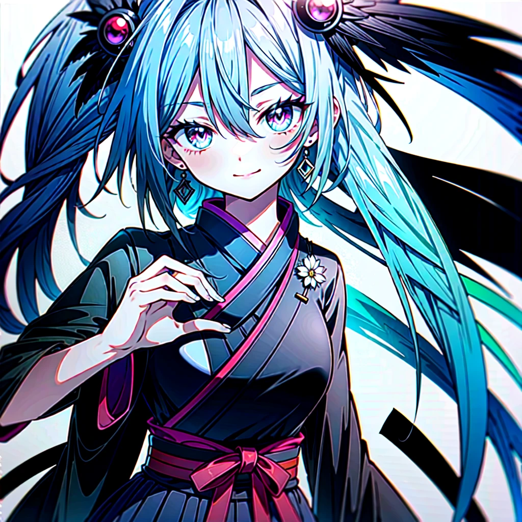 1girl, solo, female focus, female, girl, masterpiece, best quality, high quality, (blue hair color:1.3), long hair, wavy hair, hair between the eyes, (pink eye color:1.3), looking at viewer, flatchested, shut up, (closed mouth:1.24), light smile, smile, smiling, (black japanese clothes:1.35), black flower ornament, dark skirt, detailed clothes, thin body, fair skin, (white background:1.65), upperbody, half-body adaptable, upper-body, head, chest, character in frame, (close-up:1.6), perfect hands, ((middle-centered)), dynamic poses, (perfect proportions:1.5