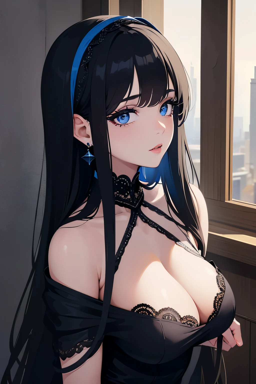 (best quality,4k,highres,masterpiece:1.2), 1 girl, beautiful detailed eyes, beautiful detailed lips, long eyelashes, black and blue dress, aesthetic black hair, aesthetic blue inner hair, aesthetic stockings, busty, sexy, vivid colors, full body, outside date