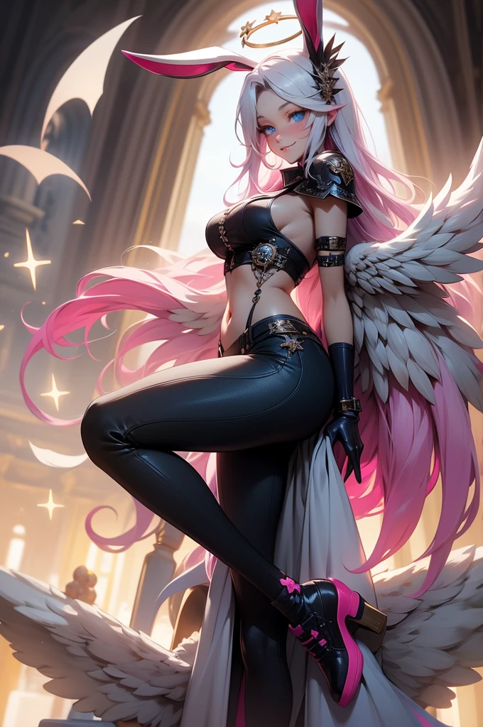 {-erro_de_anatomia:1.0} woman, solo, long hair, breasts, sideboob, areola, long white hair, white stockings, pink heart-shaped wings, compass rose halo, wings, navel, gloves, bunny ears, diaphragm, magic circle, asymmetrical legwear, angel, angel wings, small pink wing, animal ears, very long hair, blue eyes, pink wings, big breasts, mismatched pants, single shoe, feathered wings, blue eyes, shoes, high socks, crop top pink, cross, white hair, looking at the viewer, smiled, backwards, looking back