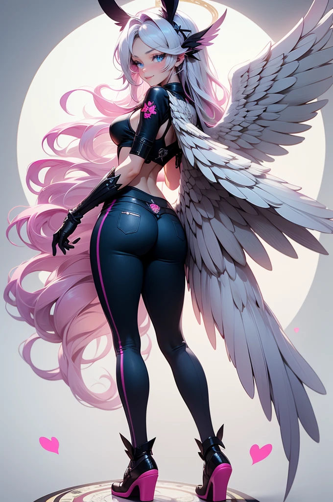 {-erro_de_anatomia:1.0} woman, solo, long hair, breasts, sideboob, areola, long white hair, white stockings, pink heart-shaped wings, compass rose halo, wings, navel, gloves, bunny ears, diaphragm, magic circle, asymmetrical legwear, angel, angel wings, small pink wing, animal ears, very long hair, blue eyes, pink wings, big breasts, mismatched pants, single shoe, feathered wings, blue eyes, shoes, high socks, crop top pink, cross, white hair, looking at the viewer, smiled, backwards, looking back