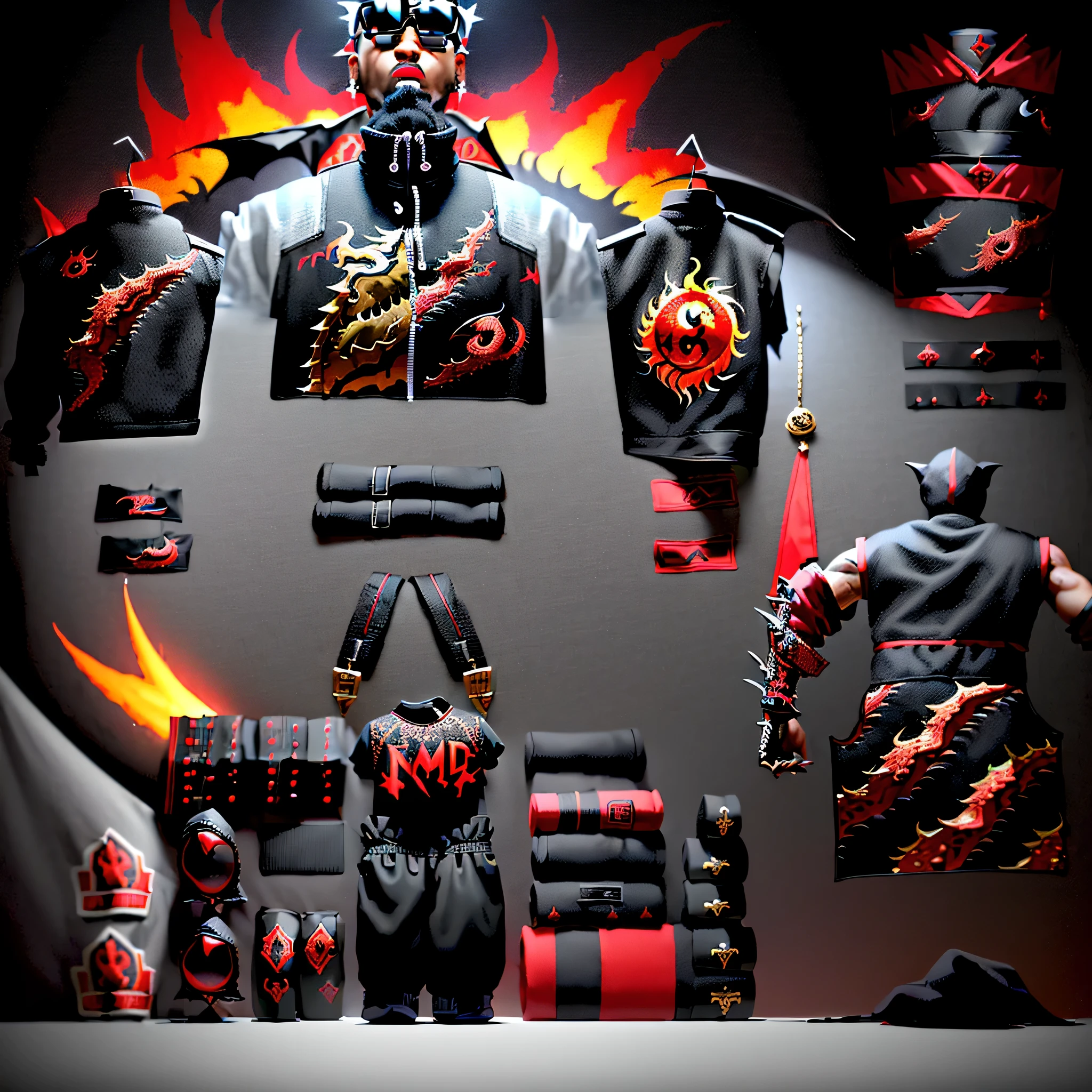 ((GIANT DRAGON EYE!)), DRAGON THEMED, GREY AND RED DRAGON, ((PIMP CLOTHING STYLINUSICIAN CLOTHING STYLING)), ((RED AND BLACK AESTHETIC), FLAMES, clothing and accessories, highly detailed panel cuts, HIPHOP STYLING, highly detailed clothing, clothes high detail, complete detailed body, very detailed and rich clothing