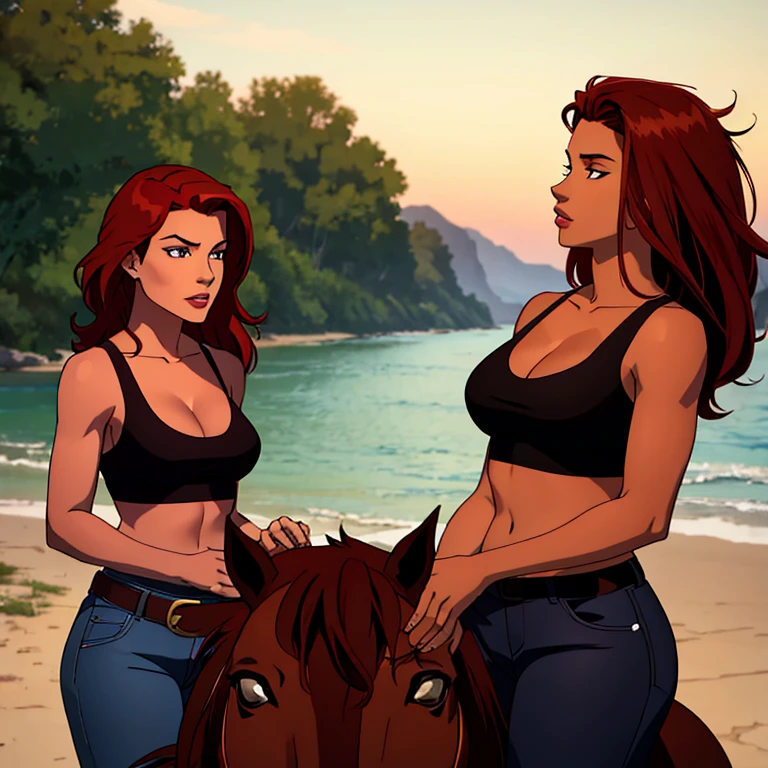 Red hair girl tan skin brown eyes Latina next to black mustang