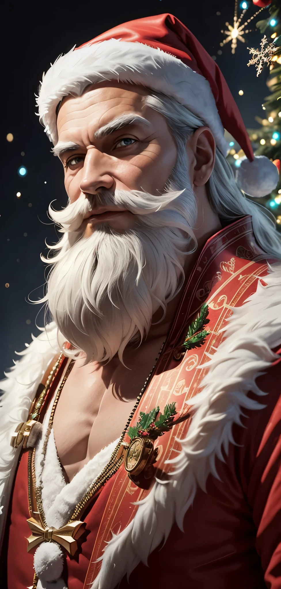 Design a futuristic and intricately detailed portrait of Santa Claus, blending advanced technology with traditional charm. Envision Santa in a sleek, technologically enhanced suit adorned with intricate holographic patterns that mimic holiday ornaments. Embed small LED lights within his beard, creating a subtle glow, and integrate advanced materials into his iconic hat. Surround Santa with floating holographic presents and a backdrop of a futuristic winter wonderland, combining the magic of technology with the timeless spirit of Christmas.