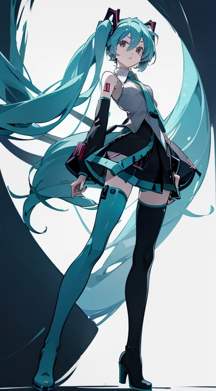 faces (((miku hatsune))) small tits A slender (cool) hiquality (笑faces) arm dynamic Shoulder out Full body painting the feet neck tie a miniskirt thigh high boots Soft colors、Pale shades glowing light from the front