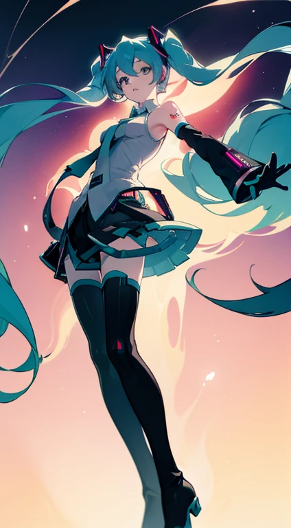 faces (((miku hatsune))) small tits A slender (cool) hiquality (笑faces) arm dynamic Shoulder out Full body painting the feet neck tie a miniskirt thigh high boots Soft colors、Pale shades glowing light from the front