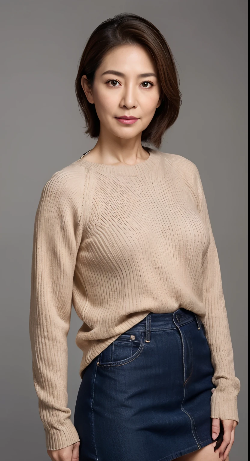 hight resolution, high-level image quality, high detailing, masterpiece, Textured skin, tre anatomically correct, sharp, greybackground((japanese mature, 65 years old)), 独奏, ((Wrinkles on the face)), large breasts with good shape, Light brown straight hair that reaches to the shoulders, chubby figure (((Stand upright facing the center of the screen))), Close your mouth and look straight ahead with a serious face, Sweaters, skirt by the, ((cowboy shot)),