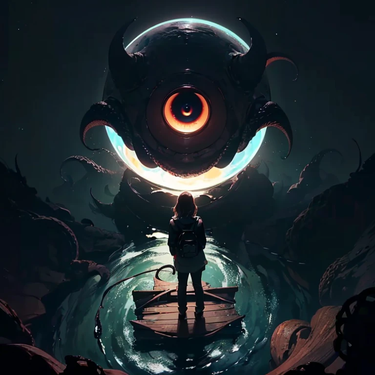 ( Masterpiece, best quality , shot from above, 100mm lens, fisheye:1.4), ((pov from above:1.4)), (( (( feeling very tiny standing on old wooden boat flowing downstream on styxx river in pitch darkness of infinite void)):1.6, (far away by a very big eye ball with tentacles in background filling up the sky:1.6, in its presence we feel tiny:1.1, it looks down on us, there is something lurking in the darkness maybe it is Cthulhu and his tentacles:1.2, there is no moon and no sun to be sun only only source of light is some strange liquid always moving around like it is alive but it is also been shadowed by the eyeball in the sky ), eerie feeling, walking away from viewer, looking in front, looking ahead, back towards against viewer )), 1girl,( long hair, dark hair , wearing backpack and wearing jacket and skirt ), (centred and symmetric composition, 8K, under exposure:1.8, UHD)