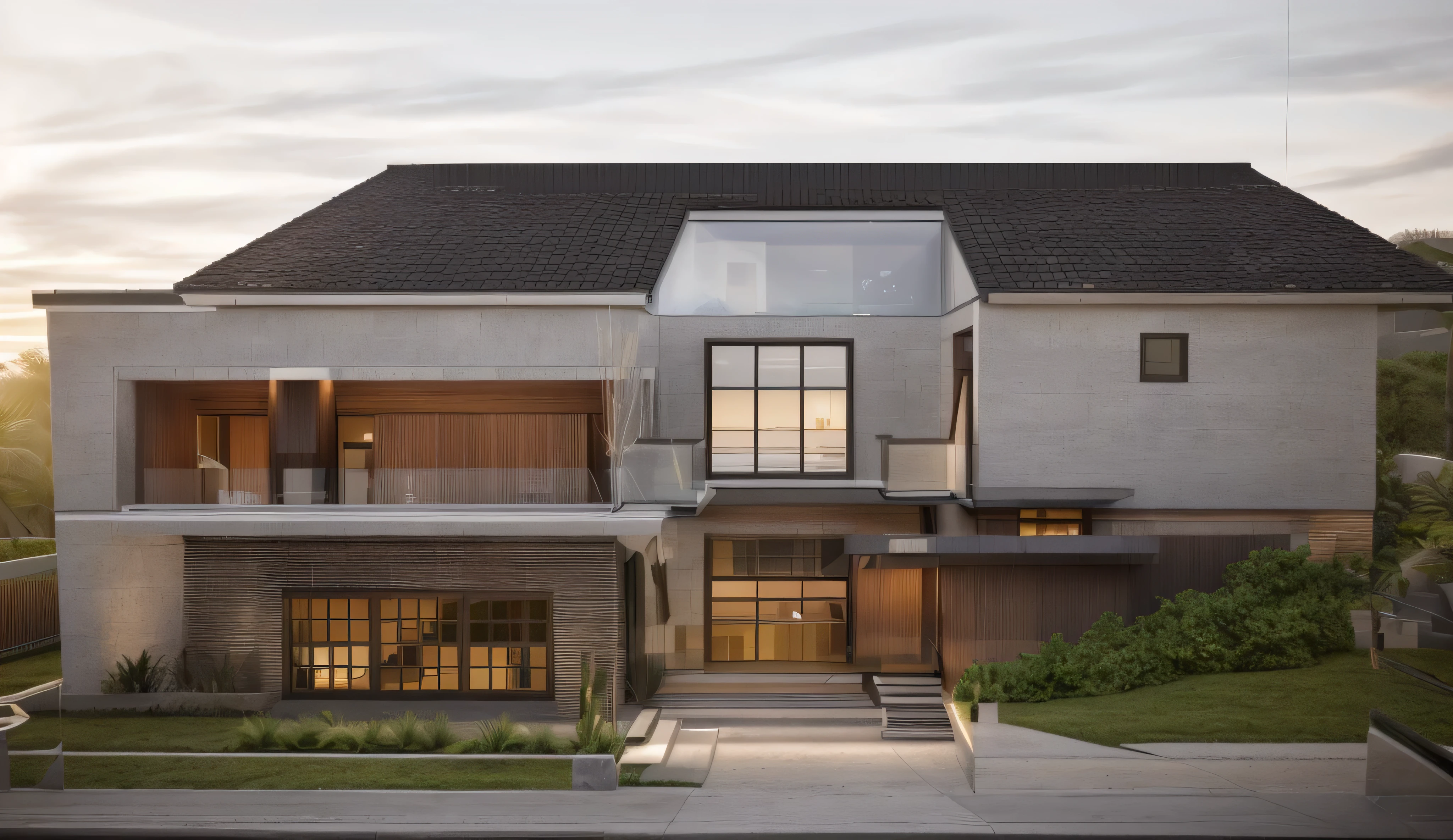(masterpiece),(high quality), best quality, real,(realistic), super detailed,(full detail),(4k),8k,modern house exterior design,Modern architecture,Beautiful_sky,Day_light, no_humans, outdoors,sky,Tropical_trees,Garden_flower_front_of_building,