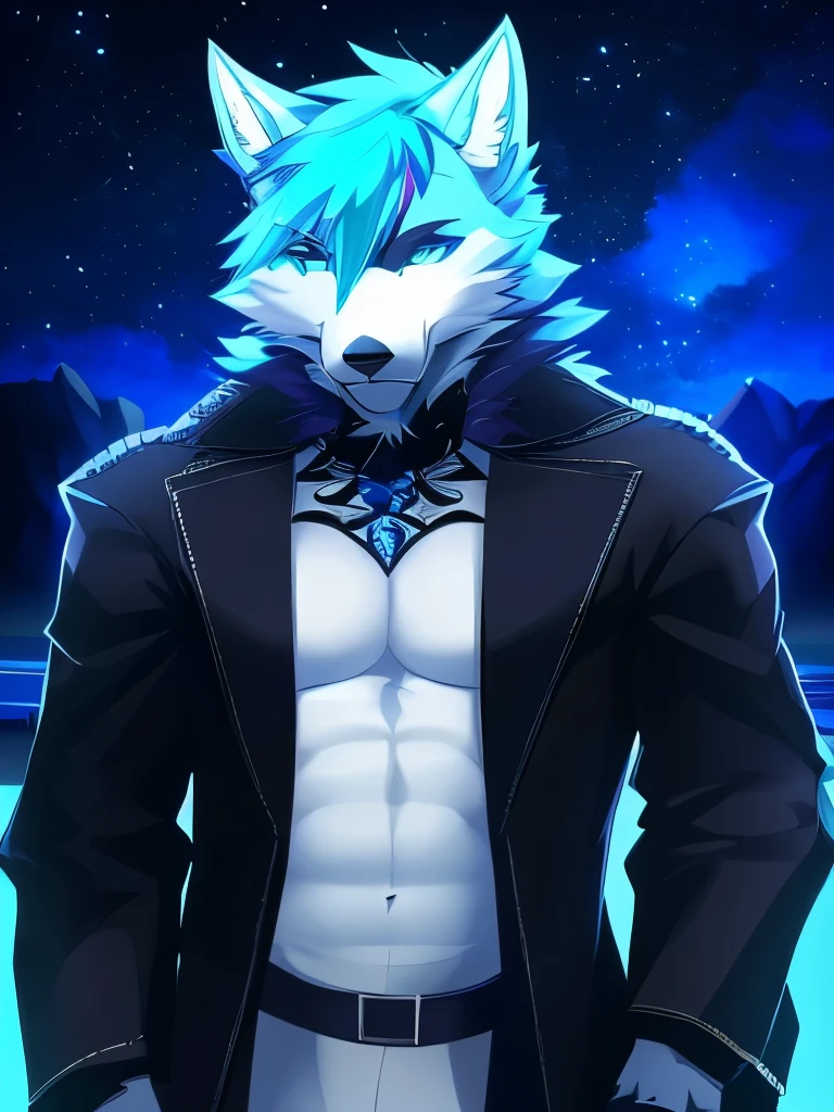 (master part, estilo anime, alta qualidade), (lobo, Blue iris:1.4, peludo, corpo inteiro, lobo, muito lindo, pele azul, Male cyan and white peludo lobo, Cabelo ciano com mechas brancas:1.3, orelhas brancas, peludo, gothic coat, altamente detalhado hair, altamente detalhado eyes, altamente detalhado facial features, altamente detalhado night scenery, altamente detalhado, lo gothic), by Angielobo