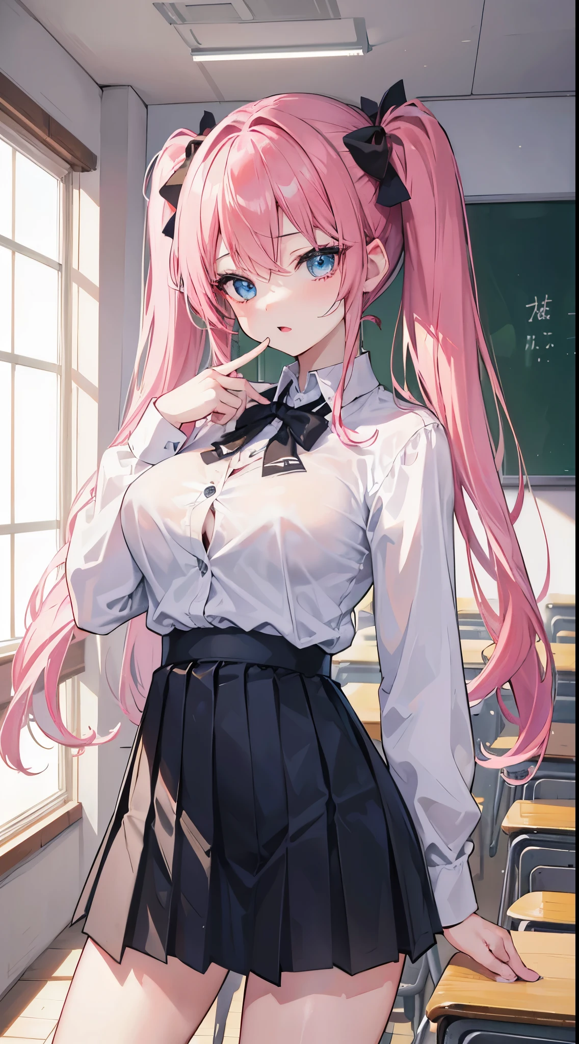 (8K、Top image quality、top-quality、​masterpiece)、A detailed face、1 girl in、Pink hair、Medium hair、((twintails))、light blue  eyes、Opens mouth and laughs、large full breasts、(Open chest)、((White shirt))、(Removed button)、long-sleeve、cleavage、(Black tube top)、((Black Mini Pleated Skirt))、(Big ass)、thighs、cowboy  shot、Classroom Background