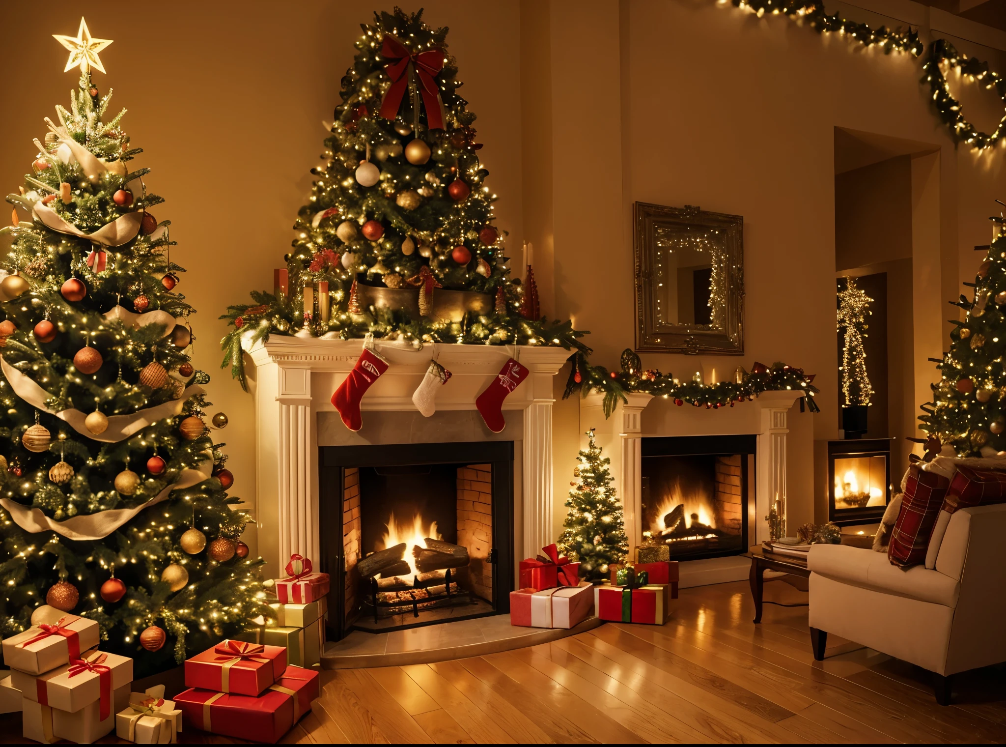 Christmas trees, colorful lights, gift boxes, reindeer, in a warm main hall, with a fireplace.