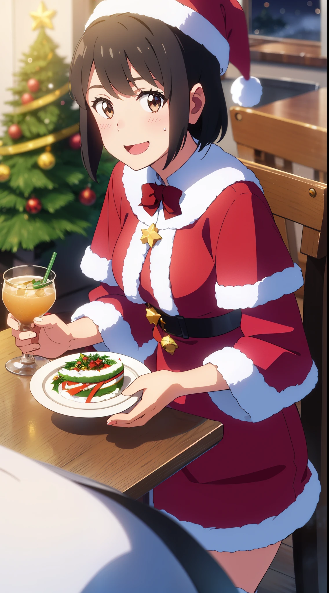 shinkai makoto, kimi no na wa., 1girl, bangs, black hair, blush, bright eyes, brown eyes, looking at the viewer, red bow, red headband, red ribbon, short hair, medium breasts, solo, shiny skin, smile, happy, beautiful, perfect hands, open mouth, sitting, Christmas tree, Santa Claus costume, Christmas uniform, Christmas shirt, red Christmas shirt, skirt, plaid skirt, Sweet face, winter scenery, perfect hands, Santa Claus hat, snow, steam, night, dynamic lights, indoors, cafe, resto, foods, drinks, table and chair