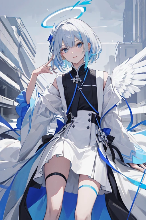 Ark of tomorrow style,(tmasterpiece:1.4,Best quality))++,(hyper-detailing)+,(Best quality,hyper-detailing,vibrant with colors,rich colourful,dyna角度,hight contrast:1.2),(tmasterpiece,Best quality,style of anime,a sense of atmosphere,higher detailed,cg render,Standing painting,ray traycinodern day,sci-fy,Divine top light),A boy,Height about 171cm,holographic projections,white colors头发,Short gray hair,Blue pupil,white colors连帽外套,手上有一把black in color的铳枪(Blue accents,high qulity,hyper-detailing),蓝黑white colors靴子,minor,,The overall color is:white colors,in different shades of blue,black in color ,There is a square light blue halo on the head,There are icy blue fragment-shaped wings on the back.,天使但是modern day版,Smooth floor, crystalackground with是星空),Draw the whole body,delicated face,exquisite facial featurerom below:0.5), Fashionab, with dynamism, garments, posing on a, frontage, rich colourful, dyna, Background with, element in, self-assured, Expressing the, statement, fittings, A majestic, coil, Runt, Scenes, Cover of a, boldness, attention-grabbing, Fashionab, typeface, Catchy, attention-grabbinodern day, Fashionab, focal, Fashionab