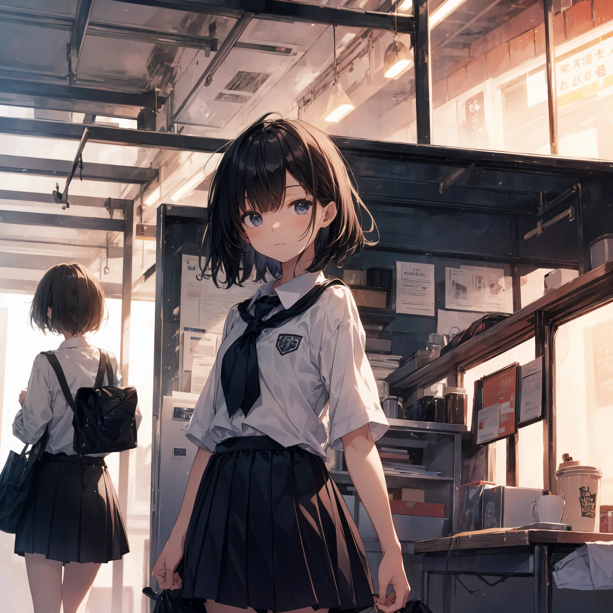 Super high quality by the art god, Ultra-detailed, High resolution, anime moe art style, best anime 8K konachan wallpaper, Pixiv Contest Winner, Perfect Anatomy, BREAK,(Draw a girl sleepily walking to school. ),BREAK, 1 Boyish Girl, (Solo,Lori,child,13years:1.3),Full limbs, complete fingers,a junior high school student, Androgynous attraction, (Very short hair), Sleeping hair, hair messy, flat chest, Small butt, groin, Small eyes,Beautiful detailed black eyes, Well-proportioned iris and pupils, disgusted eye,  High resolution detailed hair, School uniform, Skirt, On the way to school. BREAK,Ultra-detailed細なスキン, Best lighting by famous artists, 8K, Illustration,