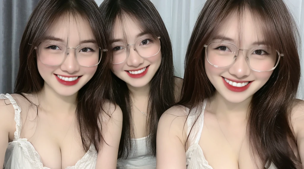 (realistic, high resolution:1.3), 3 girls with perfect figure,(((3 girls:1.4))), glasses, smile, ((pale white skin:1.3)) ,(gigantic breasts:1.3), looking at viewers, super fine face and eyes, long hair, white transparent lace veil: 1.2 , in bedroom, sit on the bed, , exposed cleavage, upper body, half body