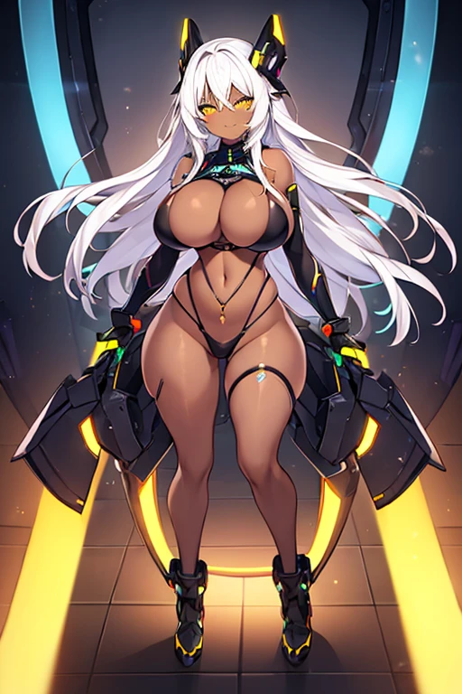 1girl, dark-skinned female, dark skin, breasts, wide hips, large breasts, white hair, long hair, yellow eyes, smile, smirk, smug, bodysuit, black bikini, bikini, futuristic, science-fiction, tech, neon, neon trim, black pantyhose, pantyhose, full body, ((full body))