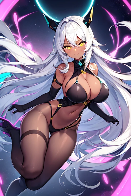 1girl, dark-skinned female, dark skin, breasts, wide hips, large breasts, white hair, long hair, yellow eyes, smile, smirk, smug, bodysuit, black bikini, bikini, futuristic, science-fiction, tech, neon, neon trim, black pantyhose, pantyhose, full body, ((full body))