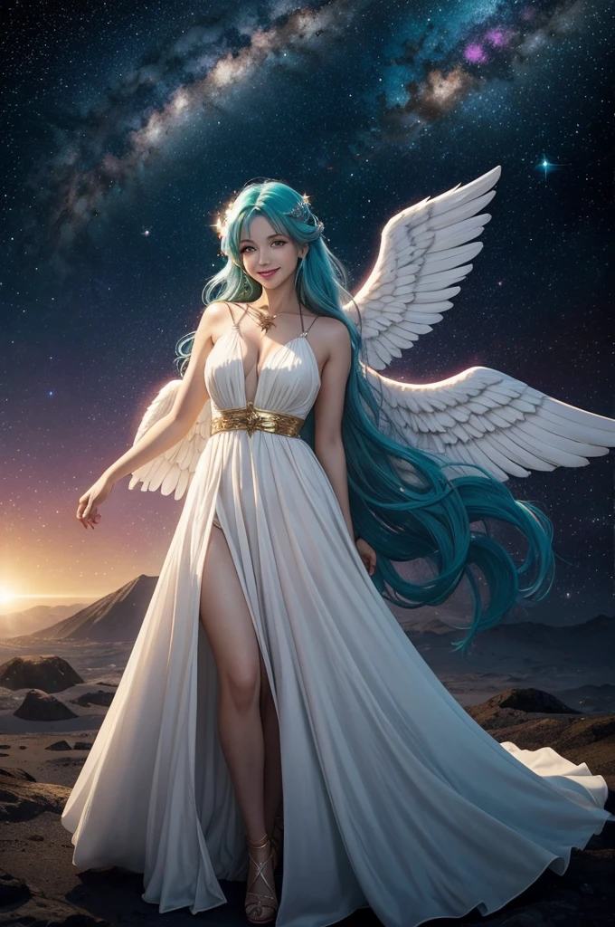 a woman, teal hair, red eyes, smile, angel wings, golden halo, white dress, standing upright, in outer space, Milky Way in the background, stars in the distance, upper body