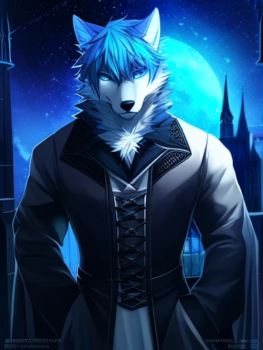 (masterpiece, anime style, high quality), (wolf, blue iris:1.4, furry, fullbody, Wolf, very beautiful, blue fur, Male cyan and white furry wolf, Cyan hair with white highlights:1.3, white ears, hairy, Gothic coat, highly detailed hair, highly detailed eyes, highly detailed facial features, highly detailed night scenery, highly detailed, gothic), by Angiewolf