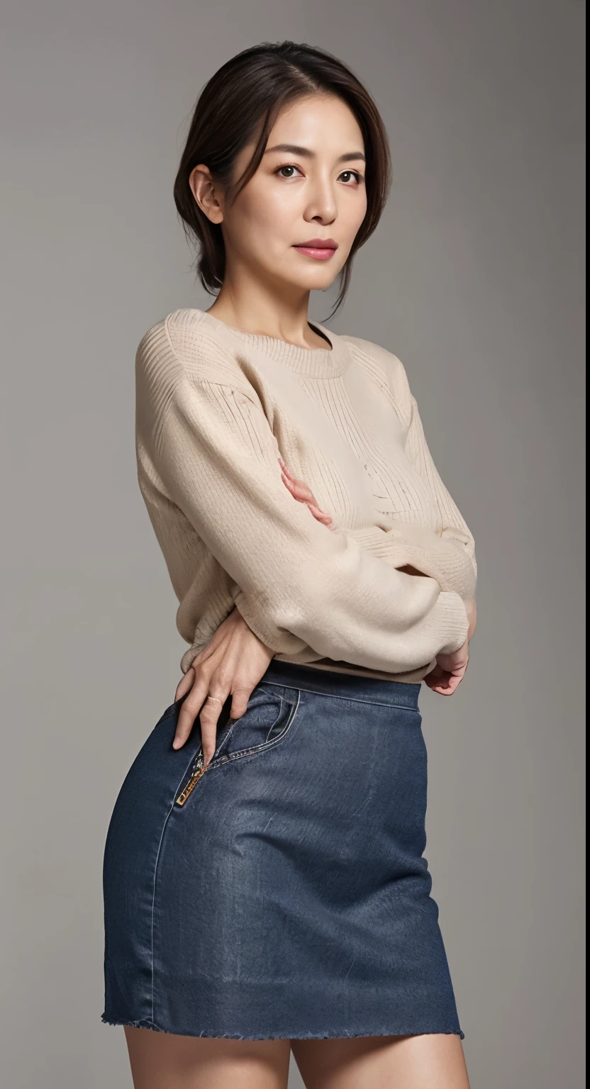 hight resolution, high-level image quality, high detailing, masterpiece, Textured skin, tre anatomically correct, sharp, greybackground((japanese mature, 65 years old)), 独奏, ((Wrinkles on the face)), large breasts with good shape, Light brown straight hair that reaches to the shoulders, chubby figure (((Stand upright facing the center of the screen))), Close your mouth and look straight ahead with a serious face, Sweaters, skirt by the, ((cowboy shot)),