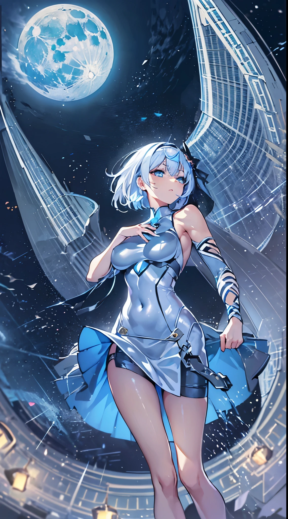 One lady,14years,((White hair) ,((())), ((Normal breasts)), (())(()),(Shiny blue bodysuit with microskirt))),,((Fantasy,Moon Night))(())