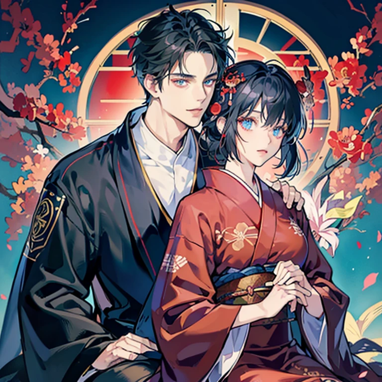 black-haired man and woman hugging each other,anime guy with short hair and red eyes,Glowing red eyes, adorable anime poses, Anime girl with long hair and blue eyes,kimono,Glowing blue eyes,a couple,lovey-dovey,ball,A Japanese style,kimono,Japanese dress