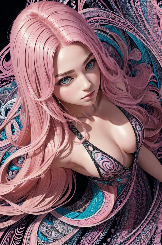 ((masterpiece:1.2, best quality)), ultra detailed, Ultra-precise depiction, Ultra-detailed depiction, (zentangle:1.2), (dynamic pose), (abstract background:1.5), wavy long hair, pink hair, 1girl, colorful, portrait, (from above:1.2)