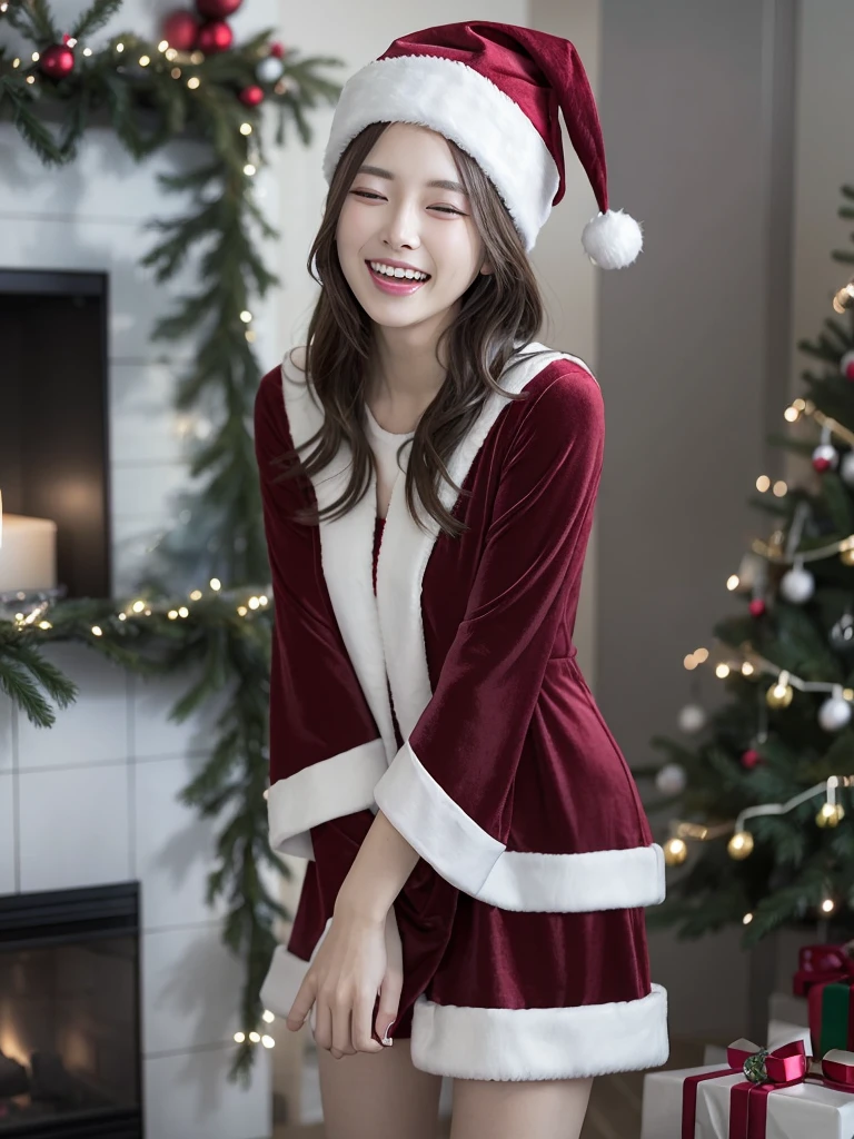 beautiful smile woman、Wearing a red and white Santa Claus costume、standing next to a small Christmas tree in front of the fireplace、Colorful Christmas lights in the background、Emotional scene with snow falling、long blonde hair、blue eyess、He wears a hat with a stylish white fur trim、Red velvet dress with white frills、the contrast between light and shadow is strong、Rendering with high quality studio lighting、、(Huge laughter:1.1)、(Opening Mouth:1.1)、(widely opened eyes:1.2)