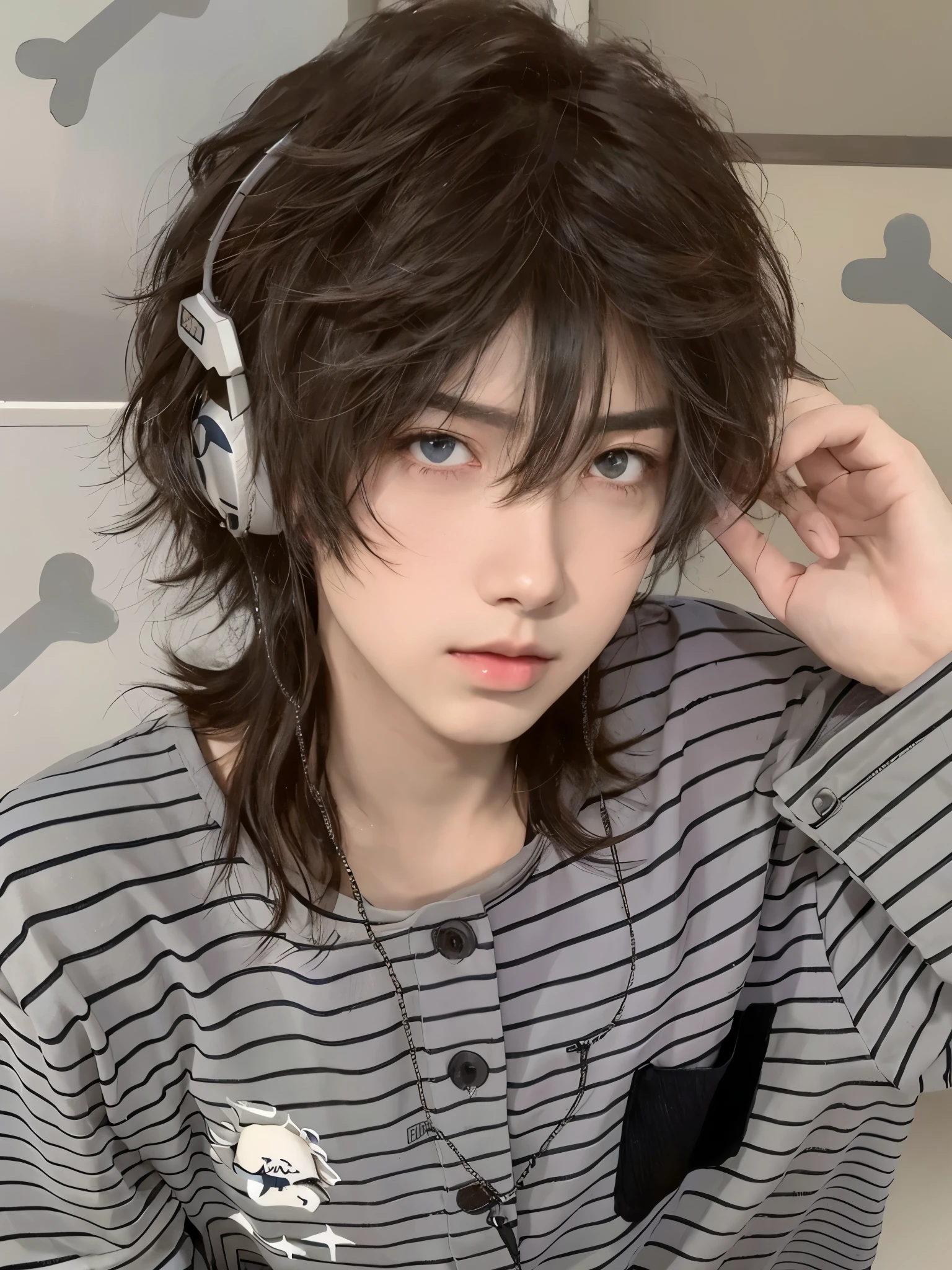 A boy wearing headphones sits in the room, realistic anime 3D style, Guweiz style artwork, Paint Urzan, guweiz, cai xukun, Anime realistic style, Realistic anime art style, 仅style of anime, style of anime, style of anime, short detailed hair, Anime boys, kawaii realistic portrait, Semi-realistic anime