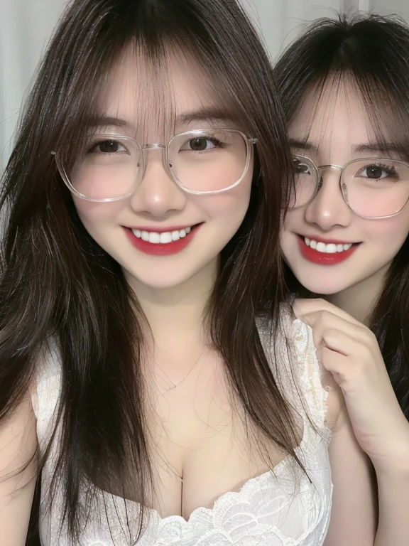 (realistic, high resolution:1.3), 2 girls with perfect figure,(((2 girls:1.4))), glasses, smile, ((pale white skin:1.3)) ,(gigantic breasts:1.3), looking at viewers, super fine face and eyes, long hair, white transparent lace veil: 1.2 , in bedroom, sit on the bed, , exposed cleavage, upper body, half body