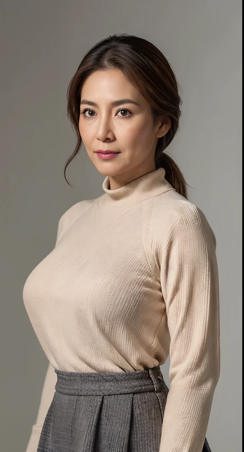 hight resolution, high-level image quality, high detailing, masterpiece, Textured skin, tre anatomically correct, sharp, greybackground((japanese mature, 65 years old)), 独奏, ((Wrinkles on the face)), large breasts with good shape, Light brown straight hair that reaches to the shoulders, chubby figure (((Stand upright facing the center of the screen))), Close your mouth and look straight ahead with a serious face, Sweaters, skirt by the, ((cowboy shot)),