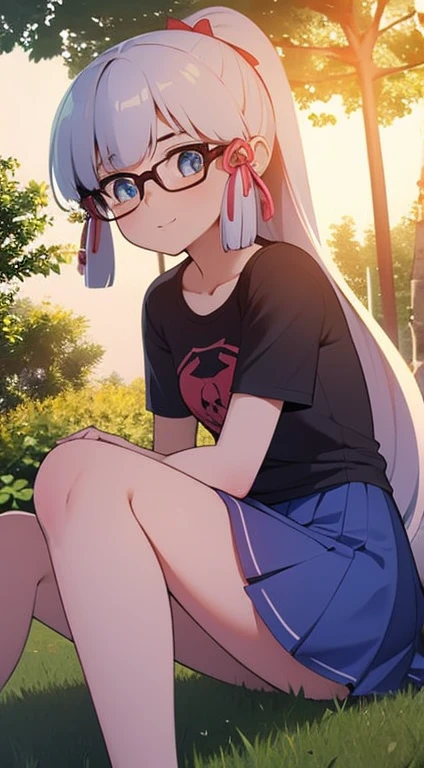 （Best quality at best）， （（tmasterpiece））， （the detail：1.4），3D quality， HighDynamicRange（HighDynamicRange），8k wallpaper，An Astonishing，gentlesoftlighting，1 little Chinese girl，10 year old Chinese child，Sit on grass，Against the tree, read a book, bring knees together, Keep your feet apart, short- sleeved，mini-skirts, (shaggy:1.1), (:1.1), (seen from the front, low angles), sun skirt, Detailed pubic hair, Morning, sunraise, Very cute look，delicate skin，Flawless Face，清晰的脸部the detail，plain face，white color hair，长长的white color hair，high ponytails，There are two strands of white hair on both sides of the ears，Wear pink hair accessories，Eye color is sky blue，sparkle eyes，Elaborate Eyes，Wear half-rimmed glasses