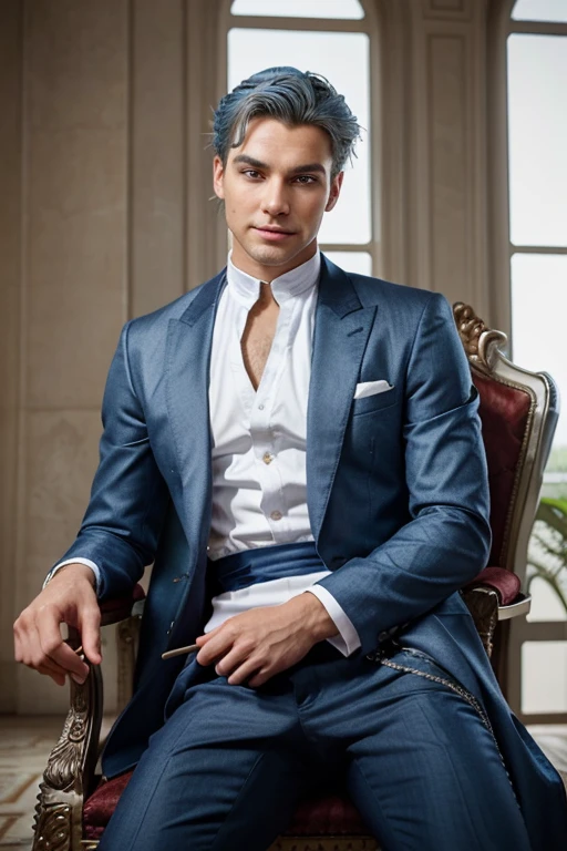 Book cover. A young man seated on his imposing throne. Silver-blue eyes, navy-blue hair with white accents. His hair fell casually across his forehead, and his eyes reflected a blend of charm, determination, and mysteries, with no hint of a beard on his symmetrical and perfect face. He dressed with elegance. His presence was magnetic, and his subtle smile added a captivating touch to his personality.