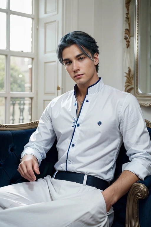 Book cover. A young man seated on his imposing throne. Silver-blue eyes, navy-blue hair with white accents. His hair fell casually across his forehead, and his eyes reflected a blend of charm, determination, and mysteries, with no hint of a beard on his symmetrical and perfect face. He dressed with elegance. His presence was magnetic, and his subtle smile added a captivating touch to his personality.