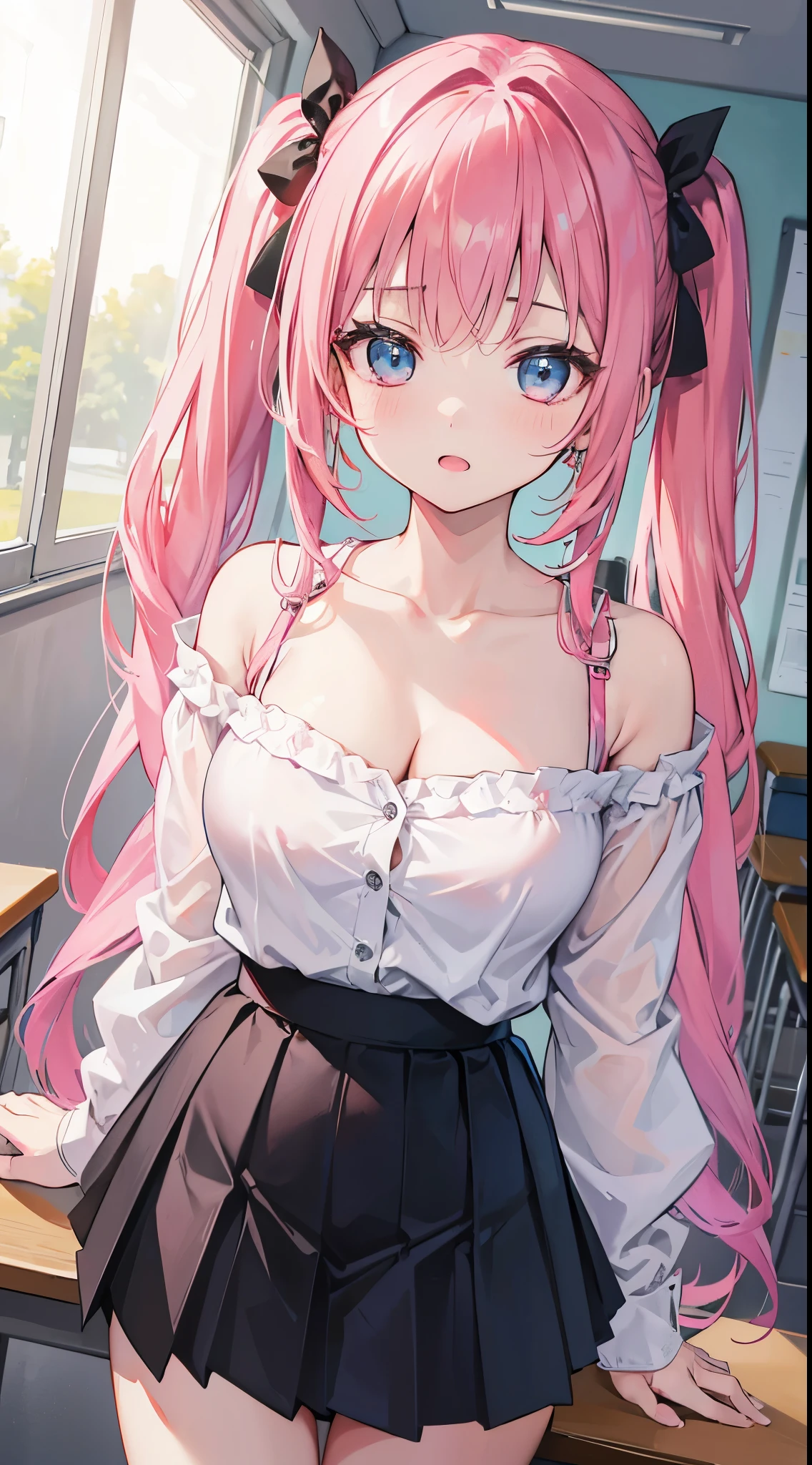 (8K、Top image quality、top-quality、​masterpiece)、A detailed face、1 girl in、Pink hair、(Medium hair)、((twintails))、light blue  eyes、Opens mouth and laughs、large full breasts、(Open chest)、((White shirt))、((Removed button))、long-sleeve、((cleavage))、((Black tube top))、((Black Mini Pleated Skirt))、(Big ass)、thighs、cowboy  shot、Classroom Background