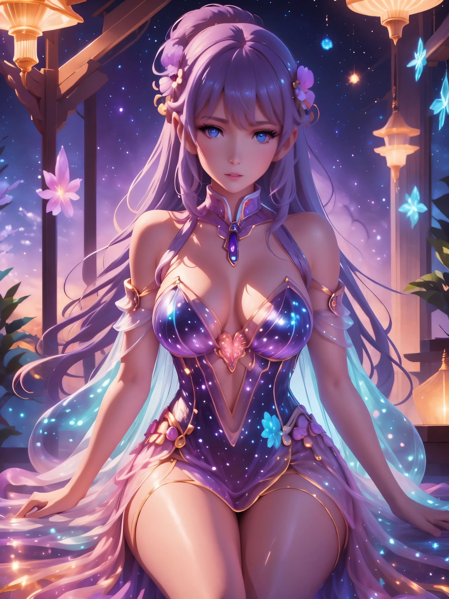 best quality,ultra-detailed,realistic,portrait,outer space,beautiful detailed eyes,beautiful detailed lips,fractal patterns,bioluminescent plants,glimmering stars,deep blue and purple color palette,soft and diffused lighting,dreamlike atmosphere,cosmic energy flowing around her,her dress resembling the night sky,galaxies and nebulae swirling around her,peaceful expression,serene and calming vibe,surrounded by infinite beauty and wonder,magical and ethereal ambiance.