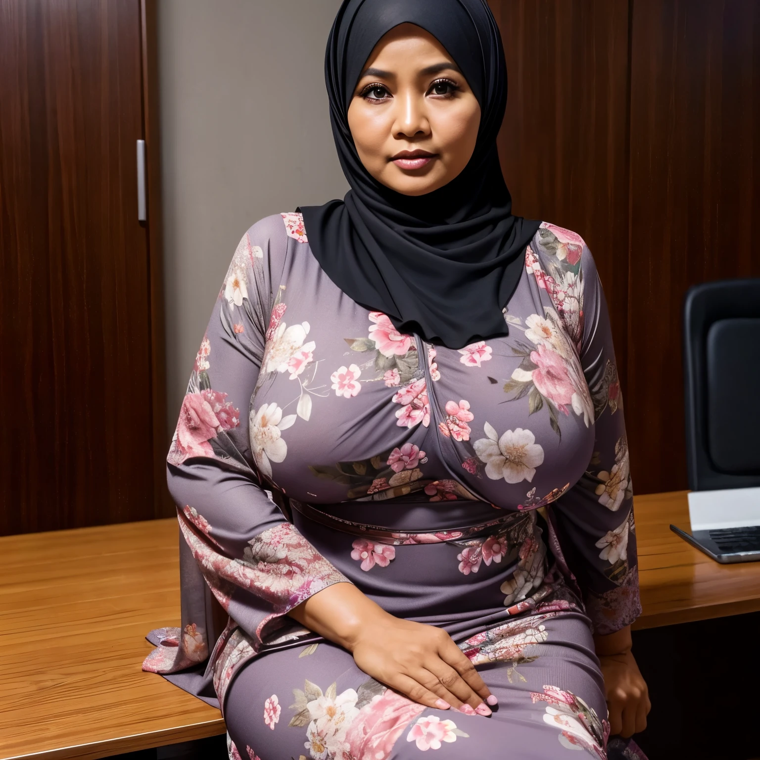 52 years Old, Hijab Indonesian mature woman, Large Tits : 96.9, Tight Gamis Floral Pattern, Breast about To burst out, at Office, Dark light, at Nighttime