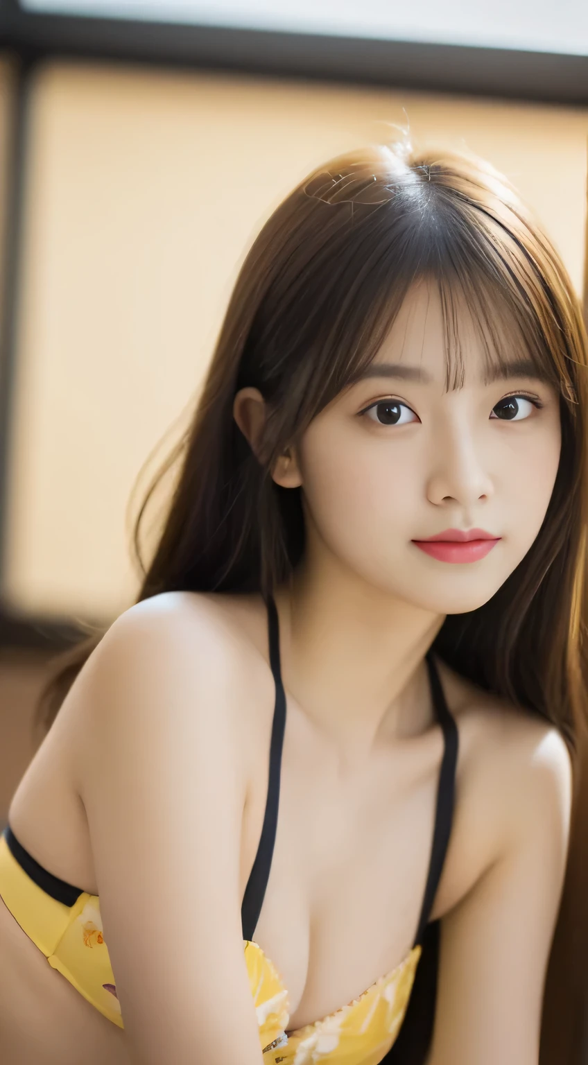 tmasterpiece，top-quality，offcial art，hight resolution CG Unity 8K 壁紙の女の子，Very delicate beautiful，超hight resolution，（realisticlying：1.4），Golden Hour Lighting，（full body Esbian），in class room，（Platinum Shorthair：0.8），（Pretty eyes），looking at viewert，facing front， ssmile，Petite bust，high-school uniform，neck tie， tmasterpiece， best qualtiy， RAW photogr， realisticlying， faces， incredibly absurd res， depth of fields， hight resolution， ultra - detailed， finedetail， Very detailed， 非常に詳細な目とfaces， Sharp pupils， pupil realistic， tack sharp focus， cinmatic lighting, Idol style、Super Cute:1.2、A dark-haired、bangss、yellow floral bra、yellow floral panties