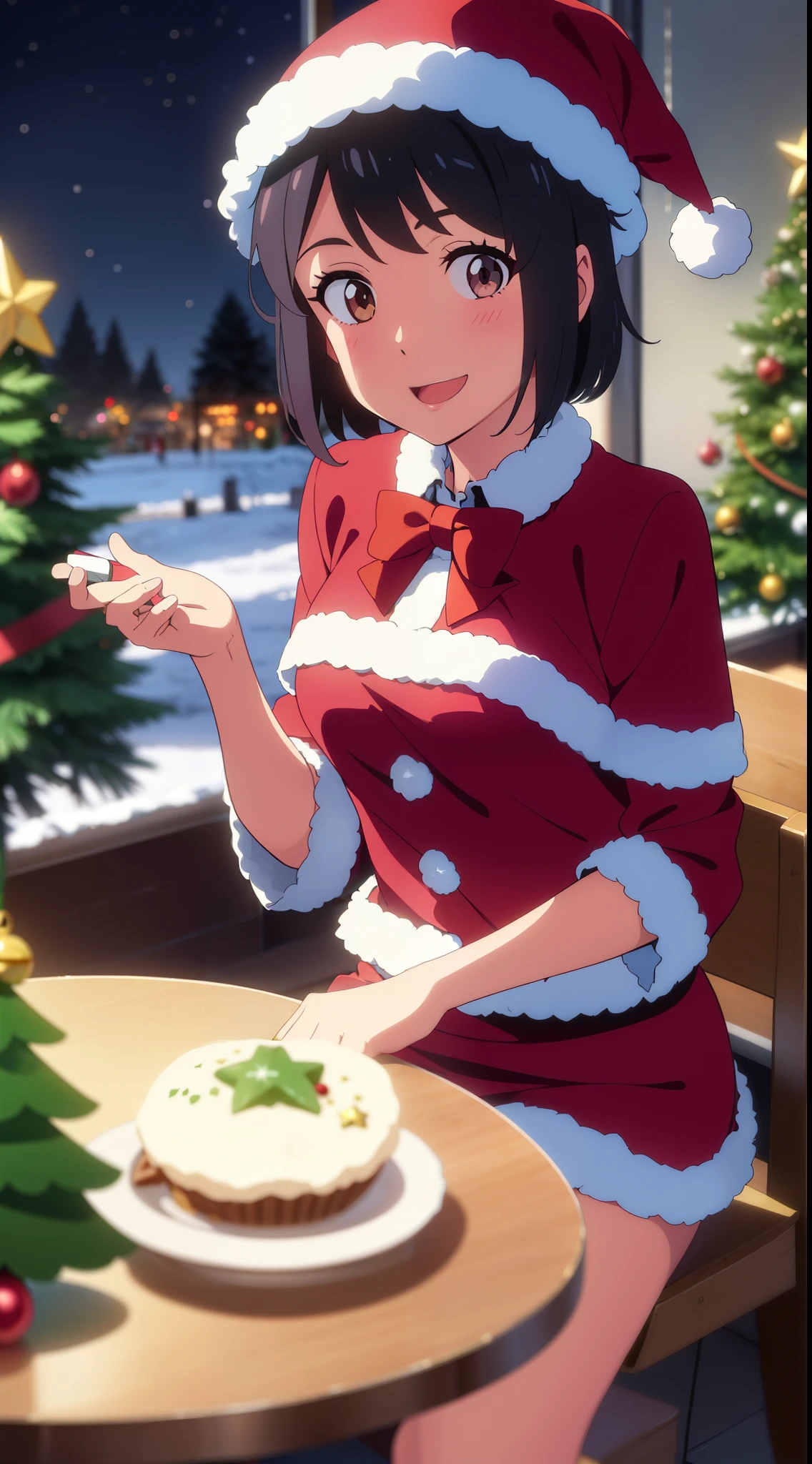 shinkai makoto, kimi no na wa., 1girl, bangs, black hair, blush, bright eyes, brown eyes, looking at the viewer, red bow, red headband, red ribbon, short hair, medium breasts, solo, shiny skin, smile, happy, beautiful, perfect hands, open mouth, sitting, Christmas tree, Santa Claus costume, Christmas uniform, Christmas shirt, red Christmas shirt, skirt, plaid skirt, Sweet face, winter scenery, perfect hands, Santa Claus hat, snow, steam, night, dynamic lights, indoors, cafe, resto, foods, drinks, table and chair