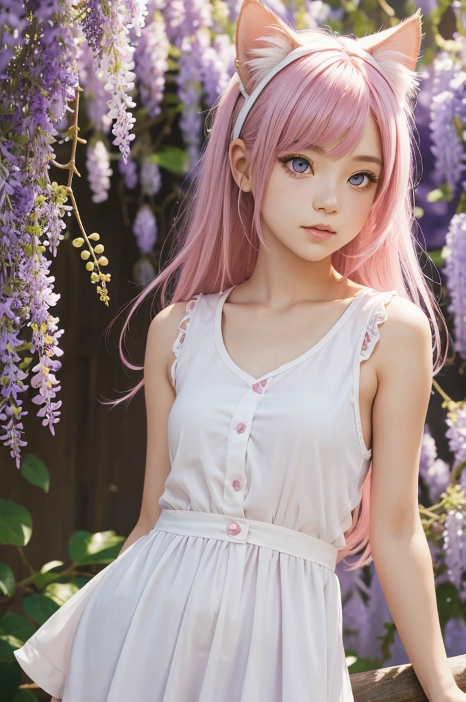 1girl, solo, cute girl with pink hair, pink eyes, wisteria flower background, soft natural light, cat ears, sleeveless white shirt