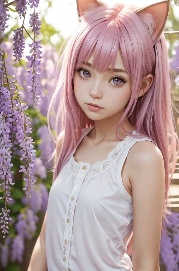 1girl, solo, cute girl with pink hair, pink eyes, wisteria flower background, soft natural light, cat ears, sleeveless white shirt