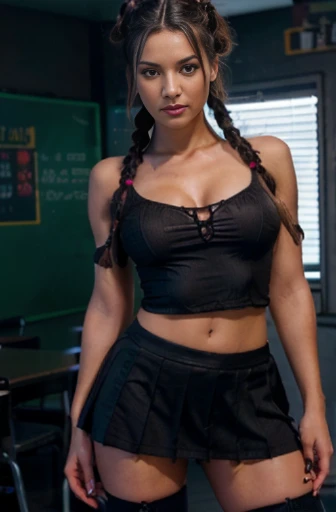 sexy woman, full body,double bun,double braids, fishnet stalkings, school girl outfit, black hair,perfect eyes, cowboy shot, UHD, anatomically correct woman, no visible hands, photo realistic,relevant and detailed surroundings, vibrant colors, dramatic lighting