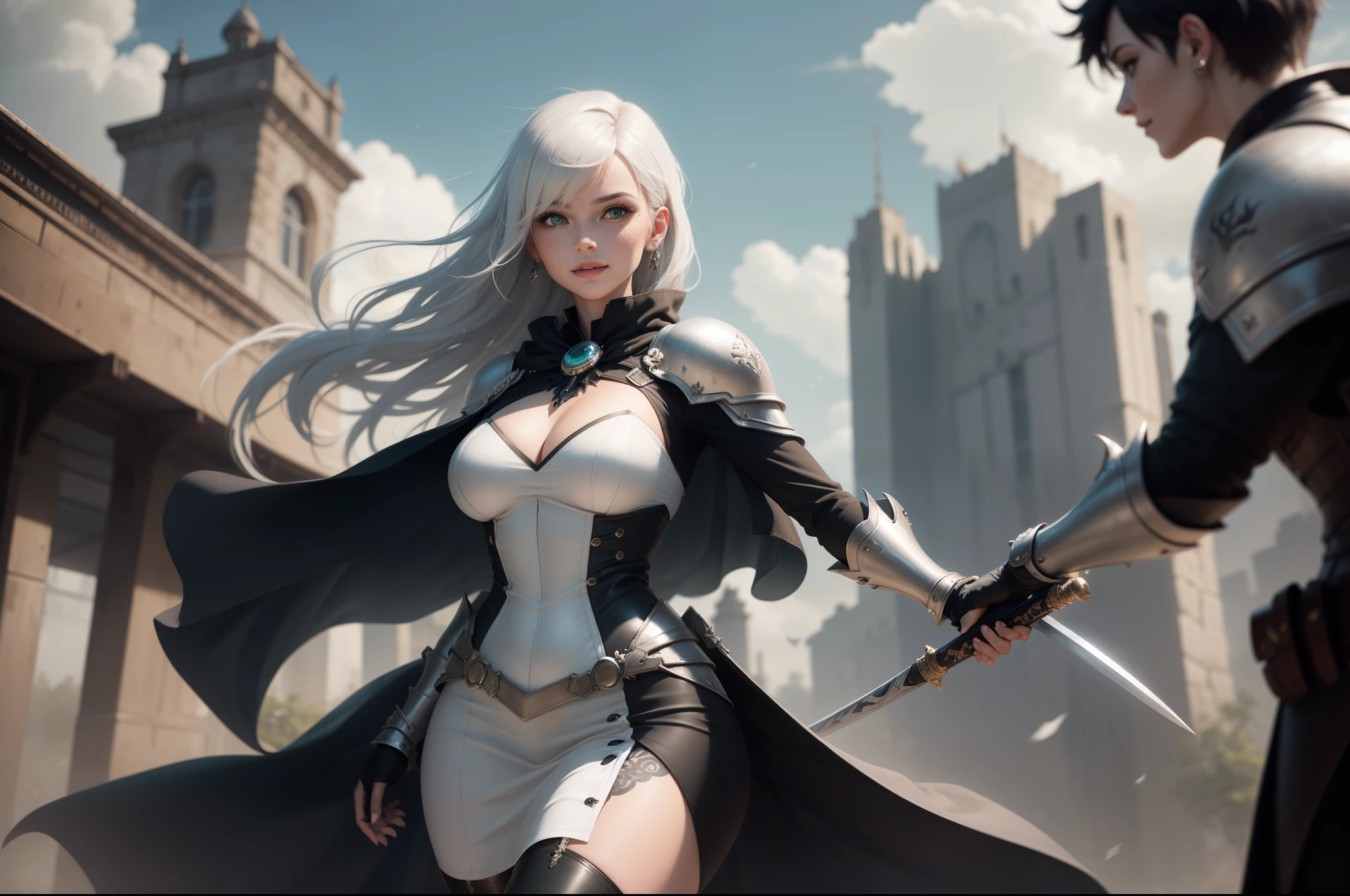 gwen tennyson,yorha 2b,riven,tracer,1girl, overwatch,atelier ryza,close up,battlefield view,tattoos,royal gray and white plugsuit,white short sleeve knight top,royal knight full steel armor,long knight skirt,white knight corset,steel pantyhose,long hair,princess makeup,green eyes,multicolored silver hair,long dress train,shy smile,freckles,beautiful girl, knight thigh high boots,large breasts,8k,ultra detailed,realistic,fantasy art,steel knight uniform,queen gown dress,hair pin,ear piercings,snowflake hand and neck jewelry,(weather:windy),long gray knight cape,holding a sword on each hand,(pose:ready to attack),
