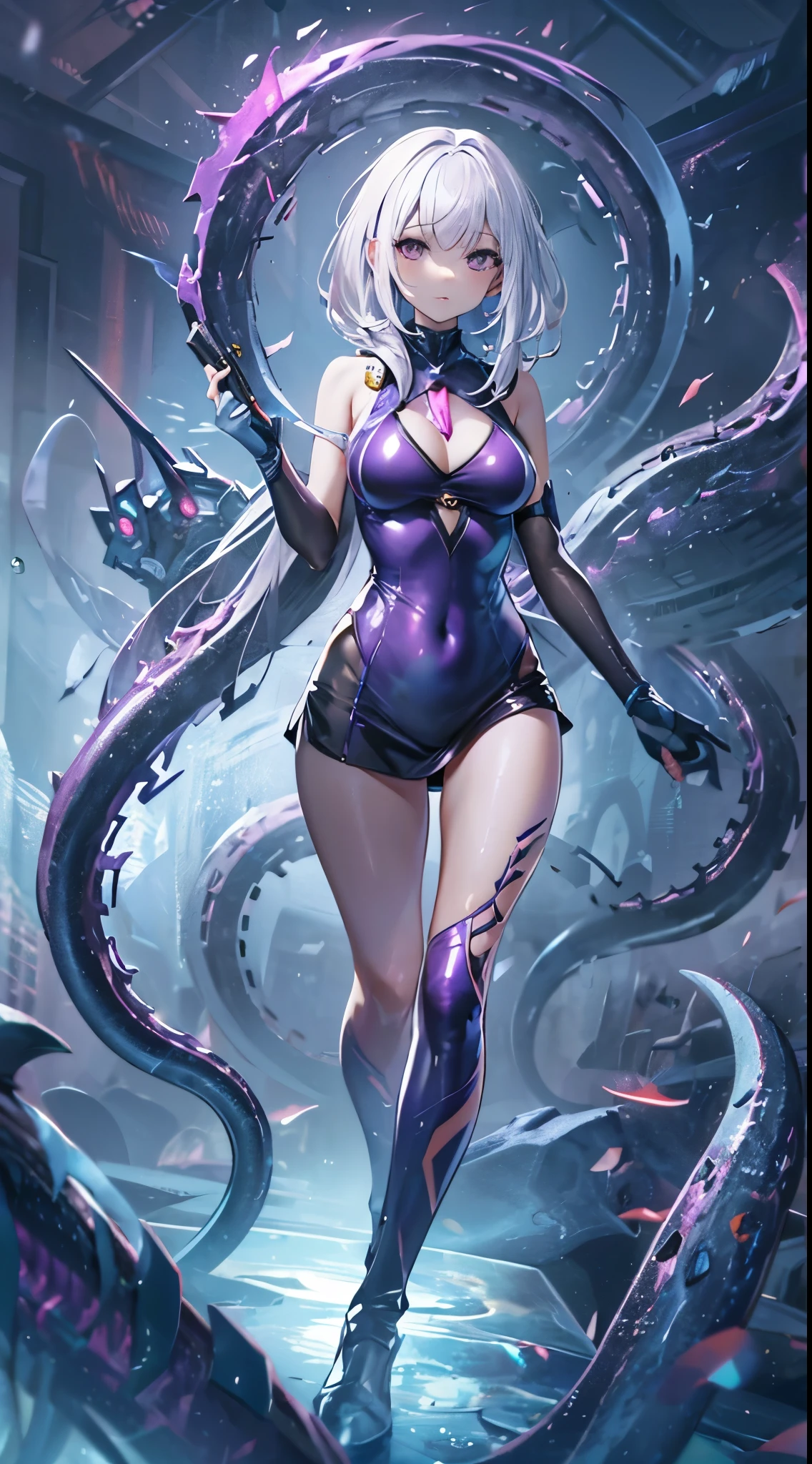 One lady,ars,((White hair) ,((())), ((Normal breasts)), (())(()),(Shiny purple bodysuit with microskirt))),,((Fantasy))(())tentaculata