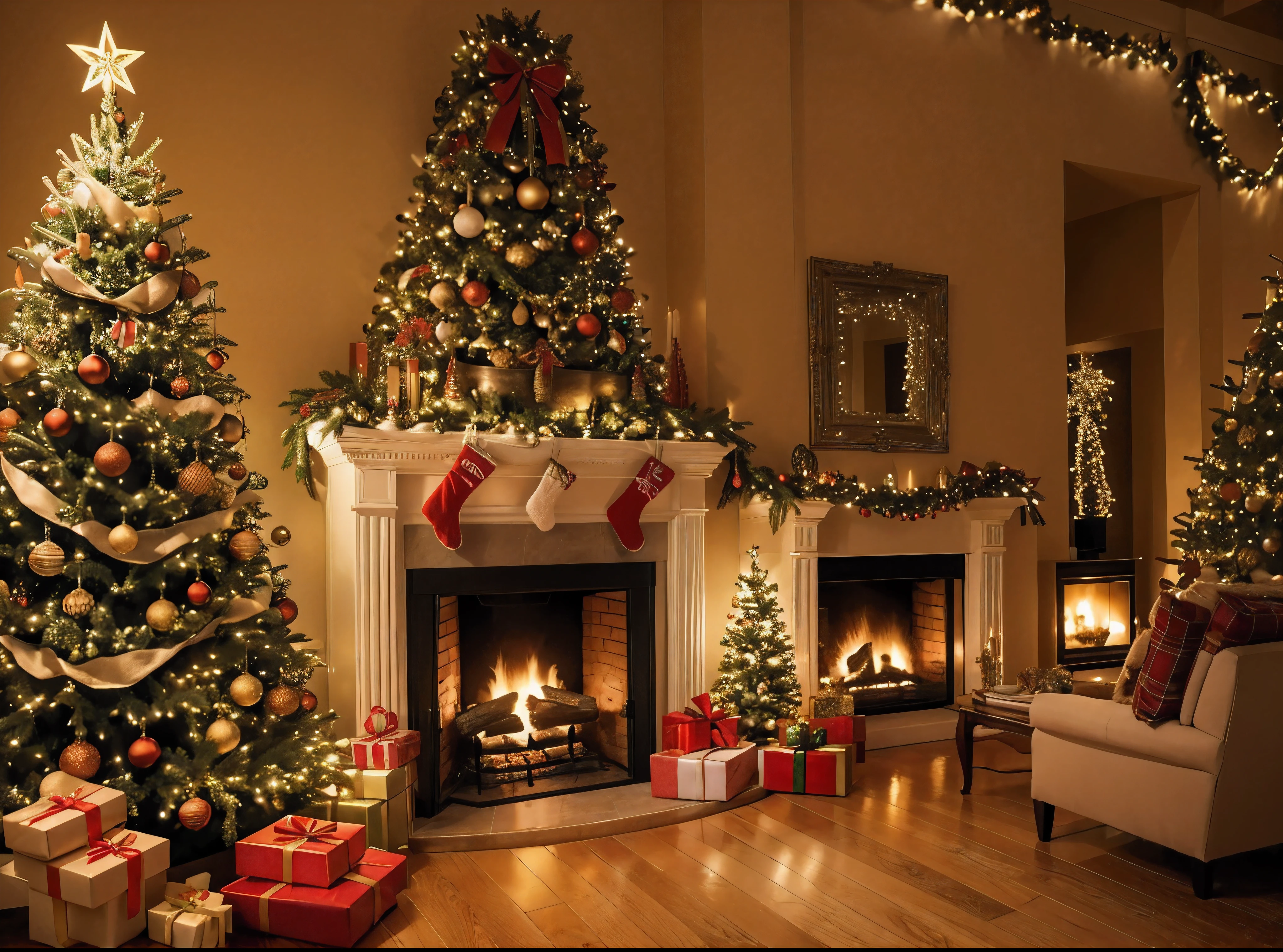 Christmas Tree, colorful lights, Gift box, reindeer, In the warm large hall, There is a fireplace..