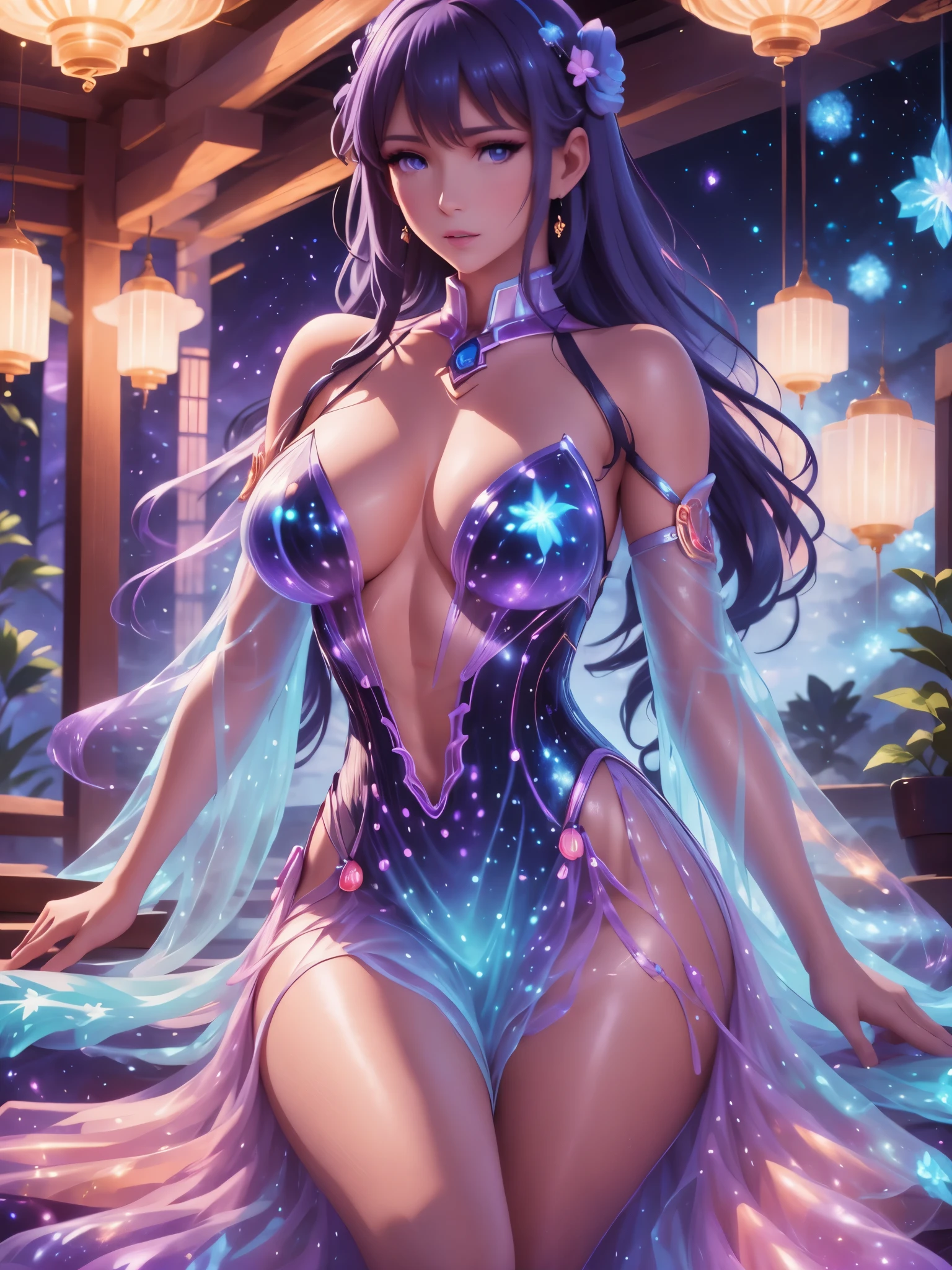best quality,ultra-detailed,realistic,portrait,outer space,beautiful detailed eyes,beautiful detailed lips,fractal patterns,bioluminescent plants,glimmering stars,deep blue and purple color palette,soft and diffused lighting,dreamlike atmosphere,cosmic energy flowing around her,her dress resembling the night sky,galaxies and nebulae swirling around her,peaceful expression,serene and calming vibe,surrounded by infinite beauty and wonder,magical and ethereal ambiance.