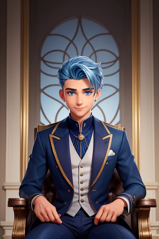 Book cover. A young man seated on his imposing throne. Silver-blue eyes, navy-blue hair with white accents. His hair fell casually across his forehead, and his eyes reflected a blend of charm, determination, and mysteries, with no hint of a beard on his symmetrical and perfect face. He dressed with elegance. His presence was magnetic, and his subtle smile added a captivating touch to his personality.
