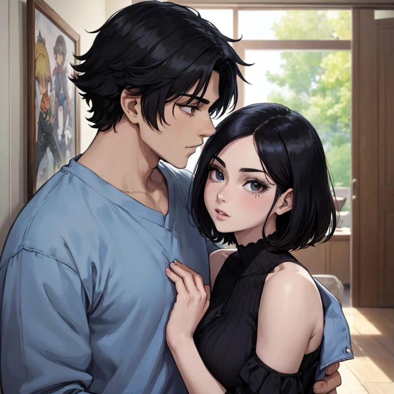 ((best quality)), ((masterpiece)), (detailed), perfect face, short black hair anime girl with pale skin and a mole on her cheek, being held by a anime guy with black hair, handsome anime boy holding her, matching profile picture